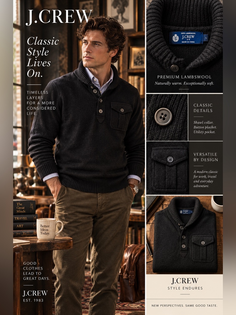 J. Crew Men’s Shawl-Collar Lambswool Zip-Up Sweater in Black